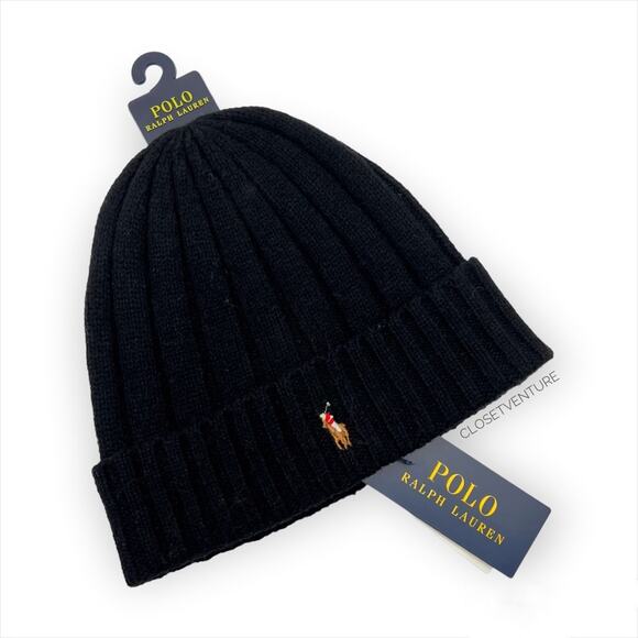 Polo Ralph Lauren Black Wool Blend Ribbed Beanie Hat Unisex One Size - Picture 1 of 4